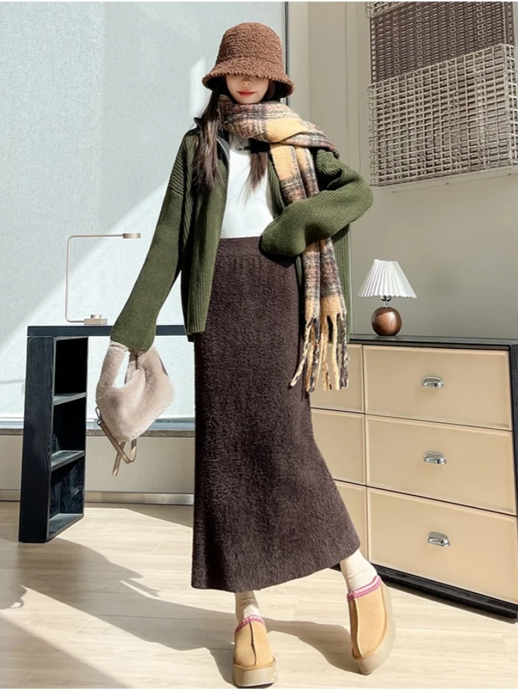 SMTHMA Mink Fur Autumn Winter Women's Knitted Long Skirt White Elegant High Waisted Slim Soft Solid Color Fashionable Skirt