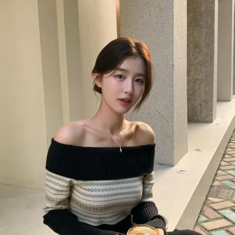 

Princess Kawaii Fashion Striped Sweater Girl Sexy Casual Retro Long Sleeve Off Shoulder Knit Spring Autumn Clothing Girl's Gift