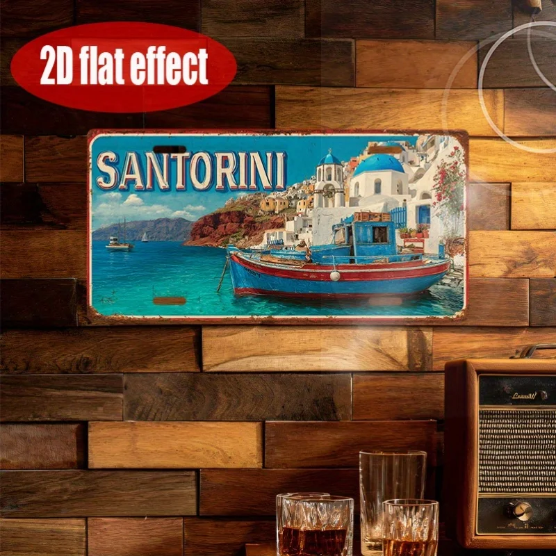 2D Flat - 1pc, Retro Metal  Sign, Outdoor Wall Art 12 X 6In, SANTORINI Sign, Retro Decor, Coast, Lounge, Sunroom, Pergol