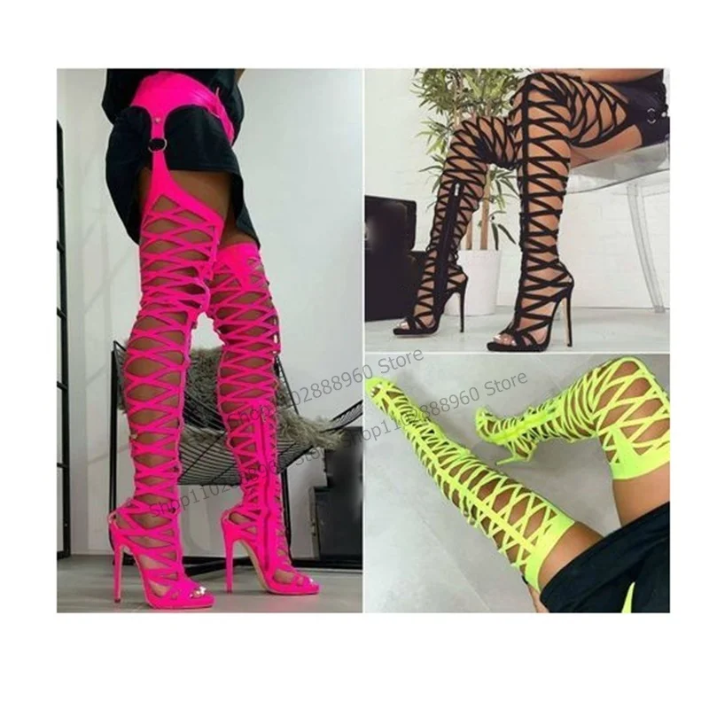 

Thigh High Hollow Sandal Boots Solid Over The Knee Stilettos High Heel Women Shoes Side Zipper Open Toe 2023 Zapatos Para Mujere