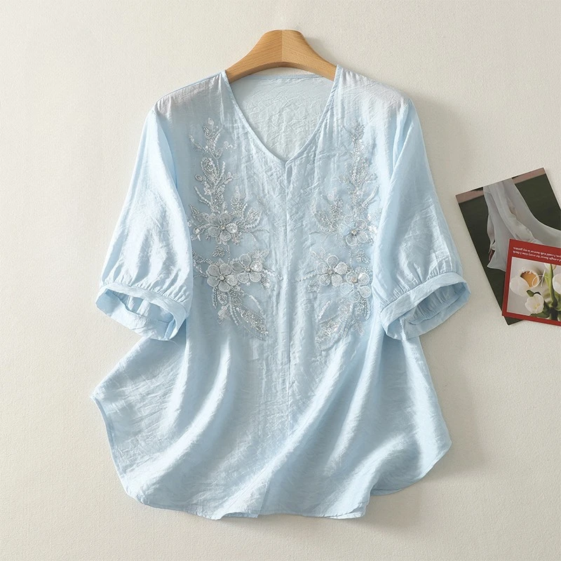 

Chinese Style Women's Blouses Vintage Embroidered Shirts Striped Loose Summer Clothing Short Sleeved Cotton Linen Women Tops