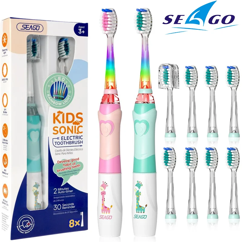 Seago crianças escova de dentes elétrica com 8 cabeças de escova de dentes idade 3-15 2 minutos cronometragem inteligente cerdas ultra macias
