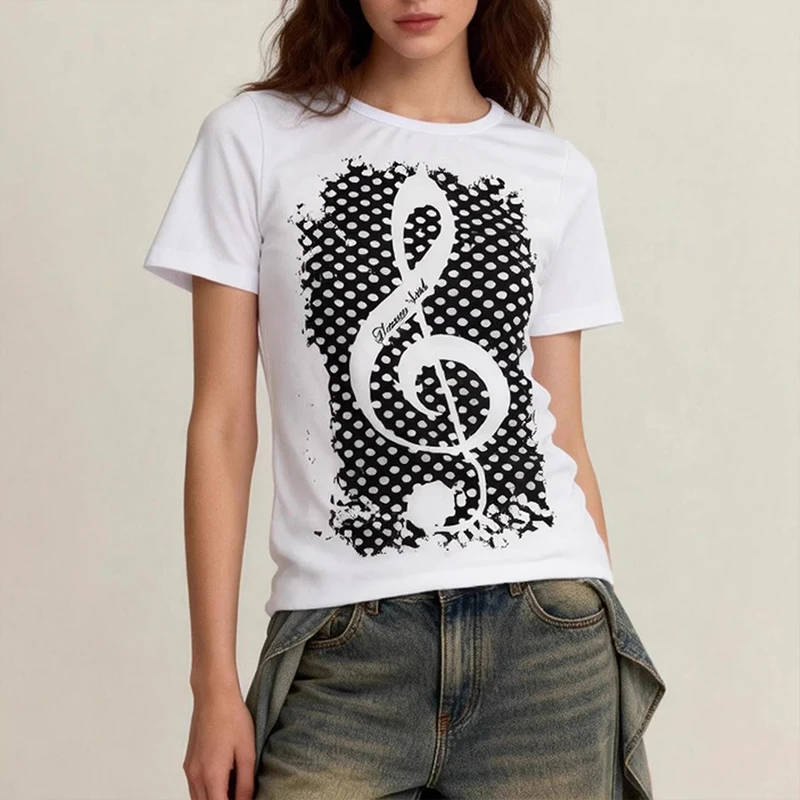 Personality Vintage Harajuku INS Tees 2000s Note Printing Short Sleeved Tops Summer Music Literary Aesthetics Round Neck T-shirt