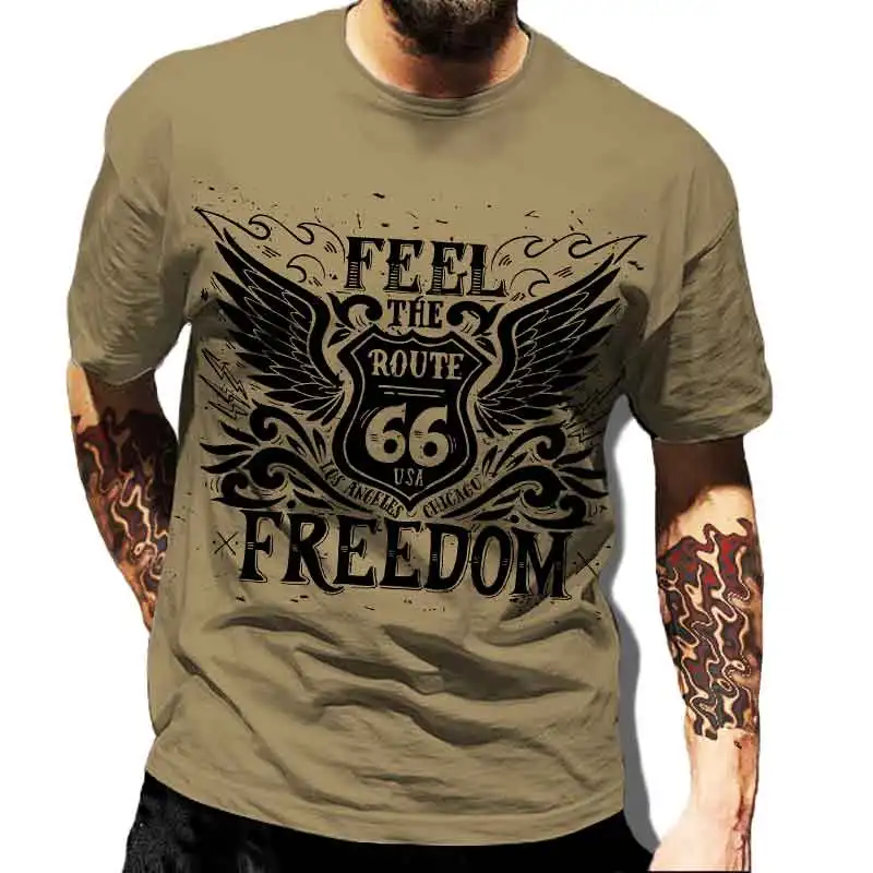 US Route 66 Printed New Men\'s Vintage T-Shirt European Size Hip-Hop Tops Tee Men Clothes Oversized T Shirt Daily Casual Clothing