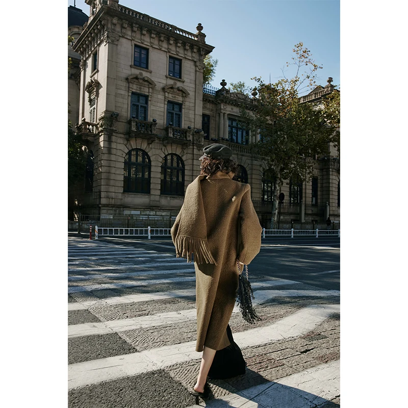 

Пальто Rosebanks из двусторонней шерсти цвета кэмел с шарфом-кифой, ручной работы, теплое зимнее женское пальто прямого кроя