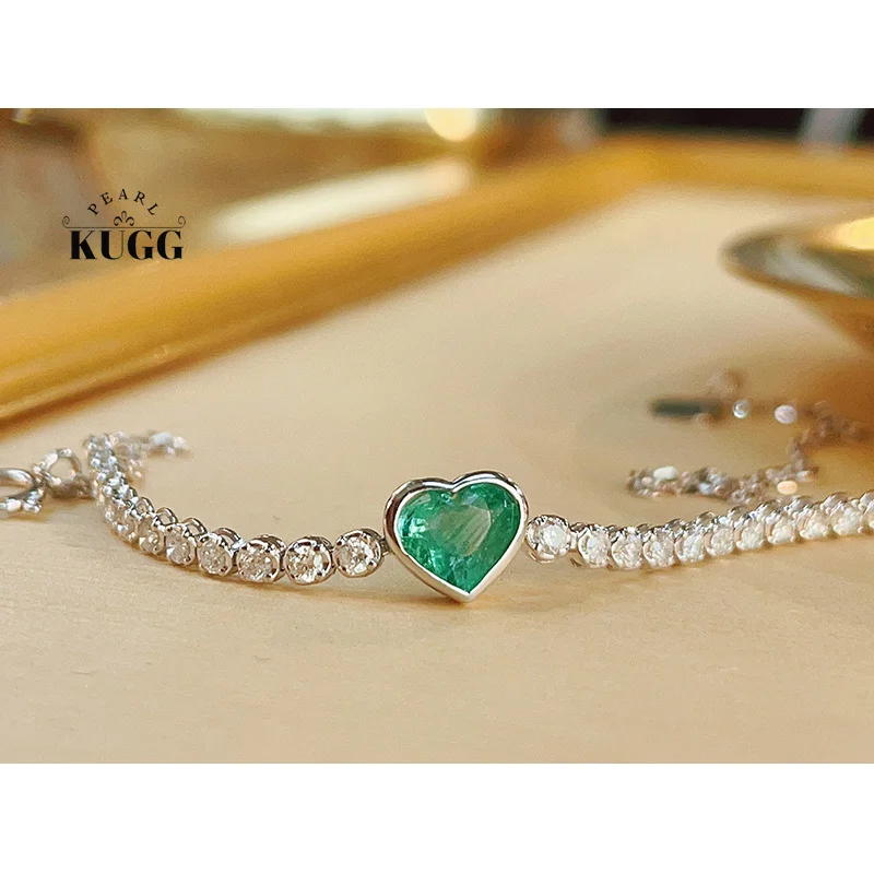 KUGG Pulsera de oro blanco 100% 18K con forma de corazón romántico, pulsera de lujo con diamantes y esmeraldas naturales para mujer, joyería de boda de alta calidad