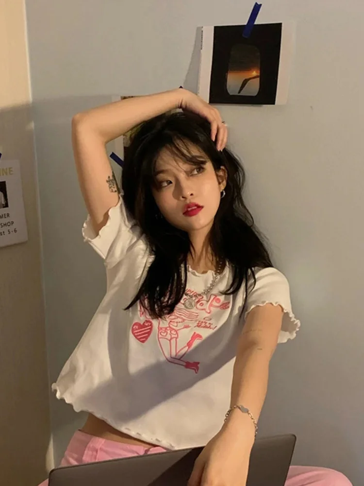 

Vintage Female Clothing Sexy Women's Angel Print Crop Top, Y2k Tops, Harajuku, Kawaii, Short Sleeve, 90s Streetwear