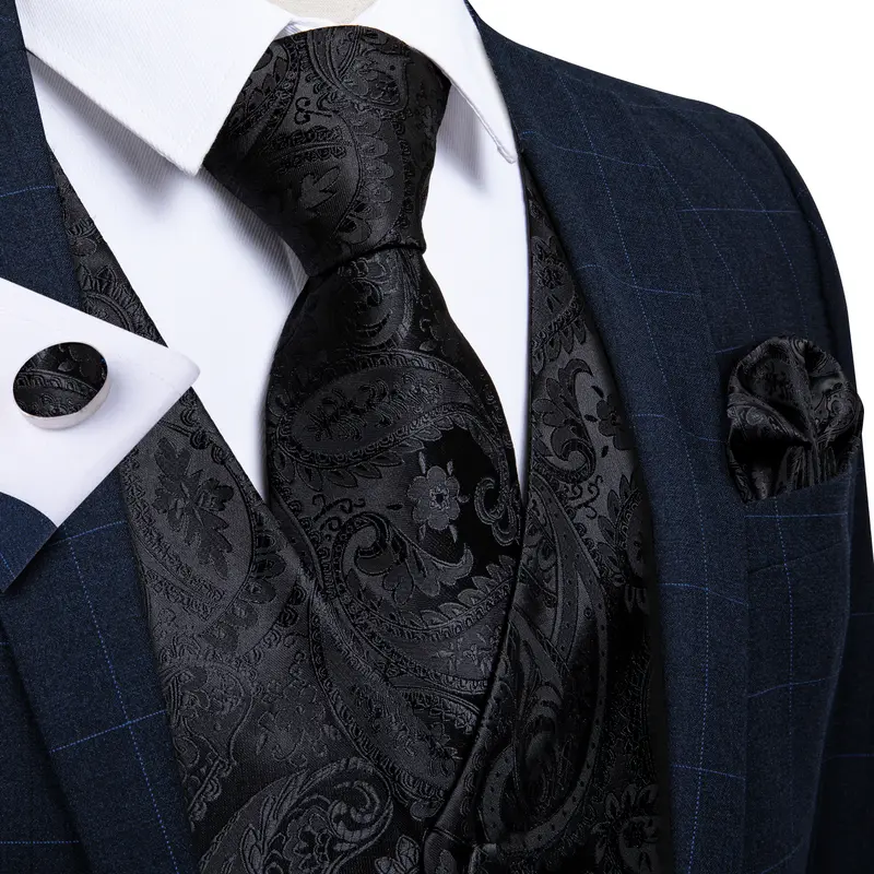 Men Black Paisley Vest Necktie Bowtie Pocket Square Cufflinks Dress Set жилетка мужская Classic 5 PCS Business Waistcoat for Man - Image 2