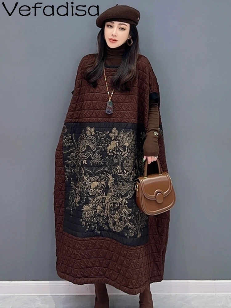 

Vefadisa 2024 Autumn Winter New Brown Vintage Printed Women Parkas Coat O-Neck Sleeveless For Casual Fashion Parkas ZXY958AF1