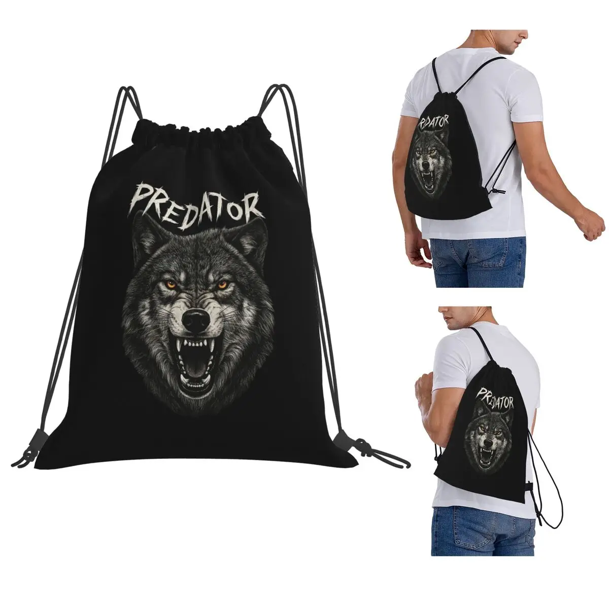 Predator Wolf Backpacks Casual Drawstring Bundle Pocket Sports Bag Book Bags for Travel School