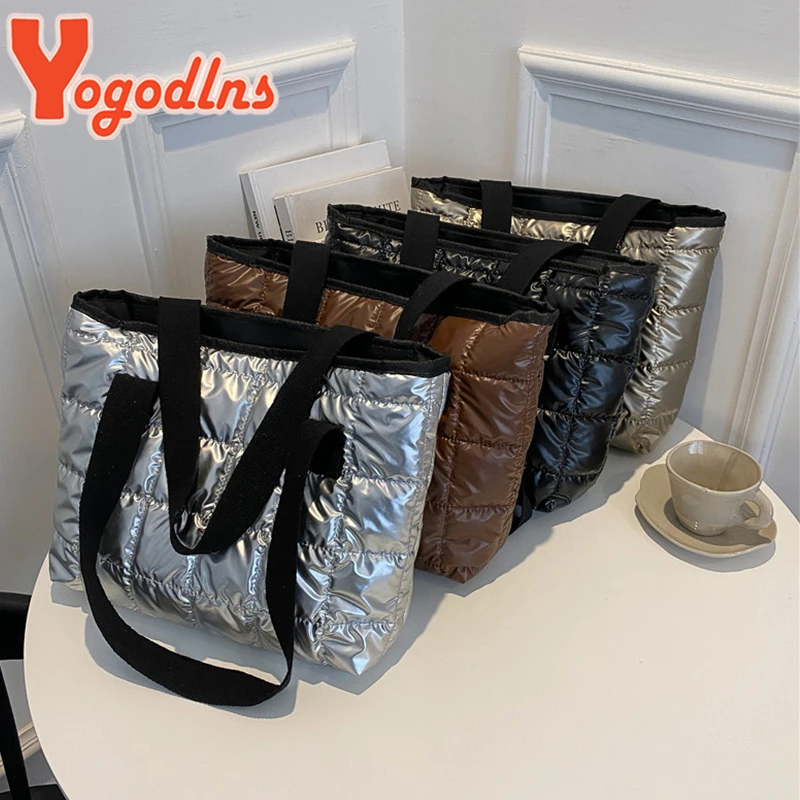 Yogodlns Winter Lozenge Tote Bag Space Cotton Handbag Large Capacity Shoulder Bag Warm Down Handbag Casual Portable Handle Bag