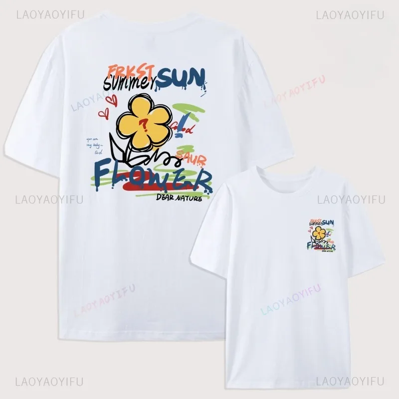 

Summer Sun Flower Graffiti Pattern Couples TShirts Hip Hop Cotton Summer Casual Breathable Round Neck Funny Simple Short Sleev