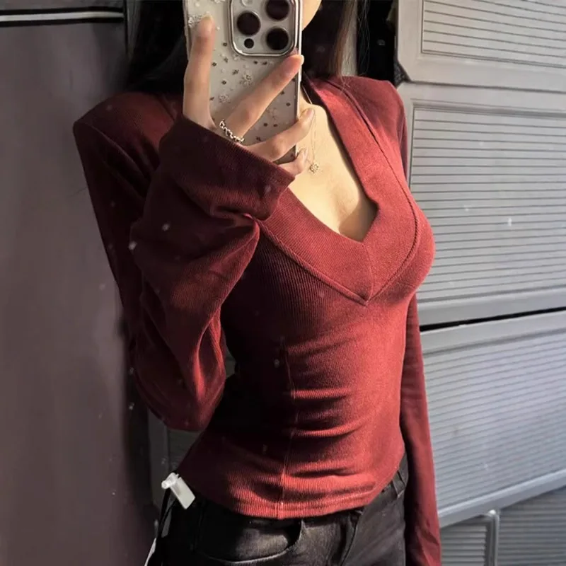 

Cashmere Pit Strip Double-sided Brushed V-neck Bottoming Shirt Long-sleeved T-shirt Women's Pure Lust Style Top