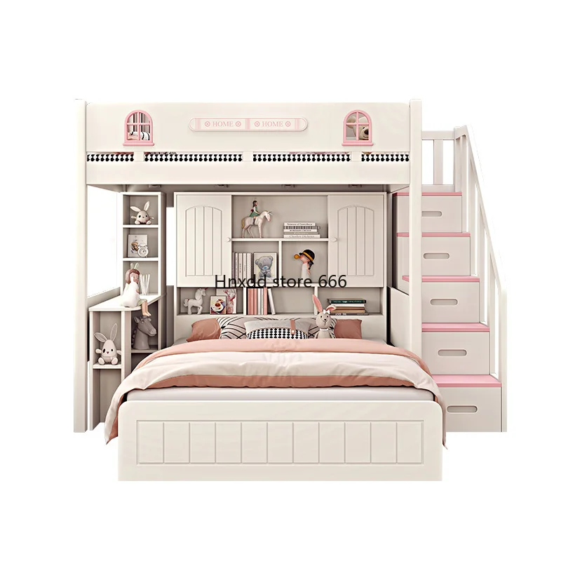 Two-layer dislocation pink staggered mother-child bed small apartment multi-functional bed