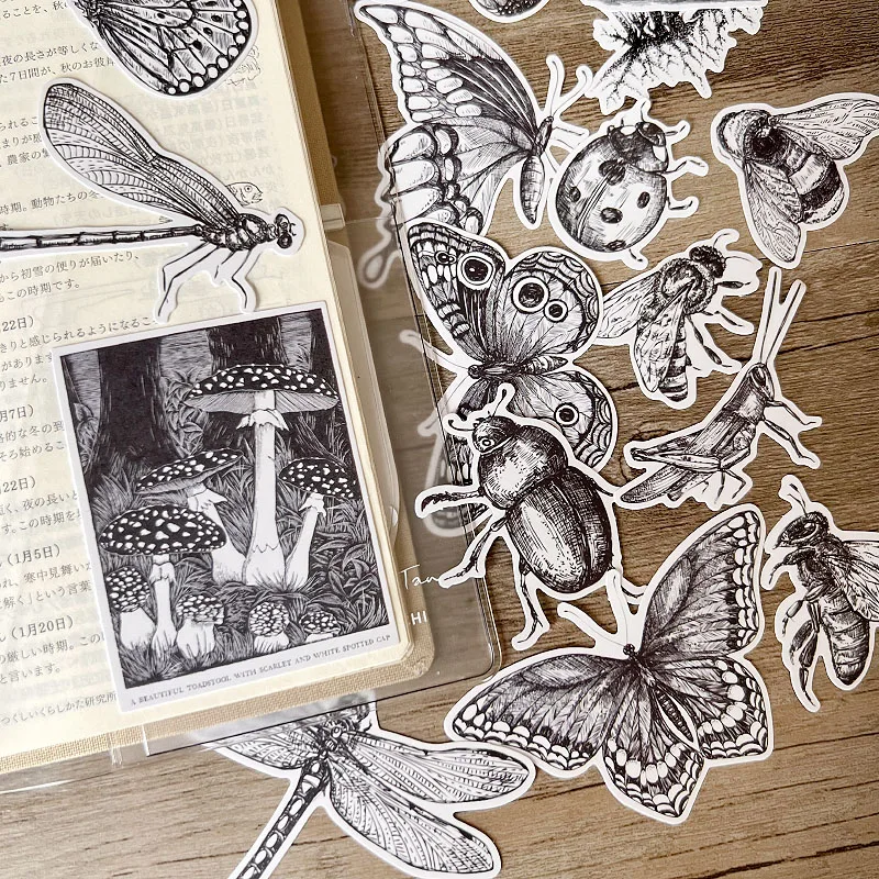 16pcs Dragonfly Butterfly Mushroom Ledger Sticker Character Ins Decoration Material Book Student Label Decorative Kids Toys