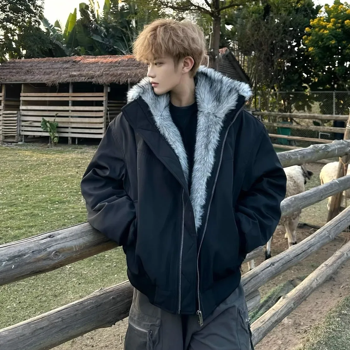 

Fall Winter plus Size 250 Pou American Retro Mountain Eagle Fur Collar Thiened Flight Jaet Outerwear Trendy Brand Ins