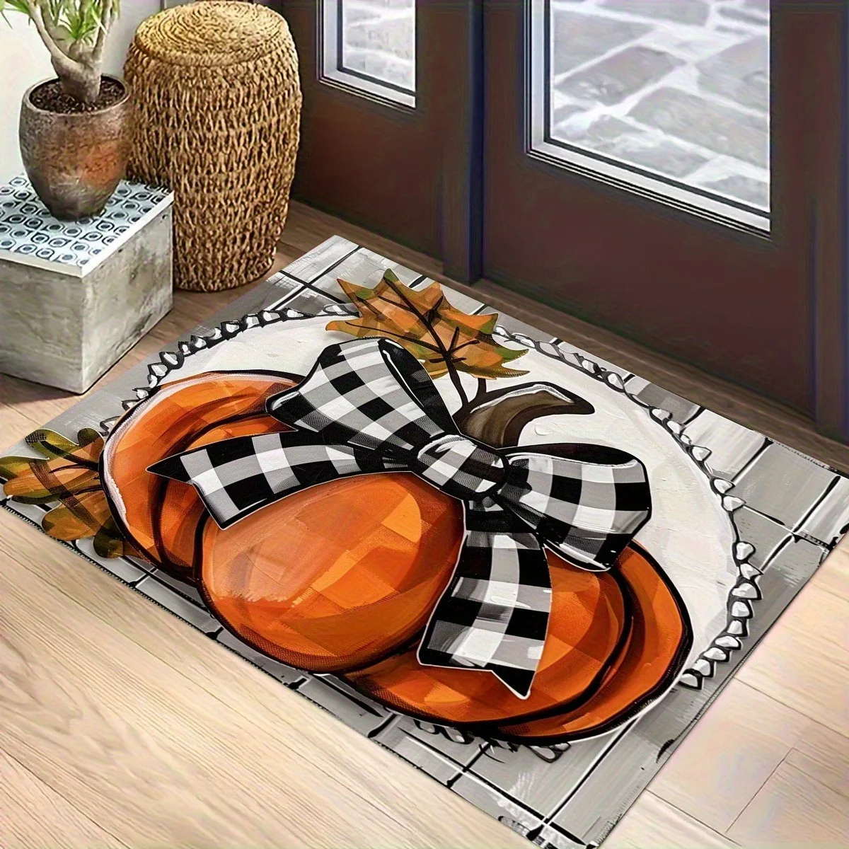 Autumn Decor Doormat, Retro Orange Pumpkin Gingham Bow Maple Print Floor Mat, Welcome Rug for Home Entrance Hallway Seasonal