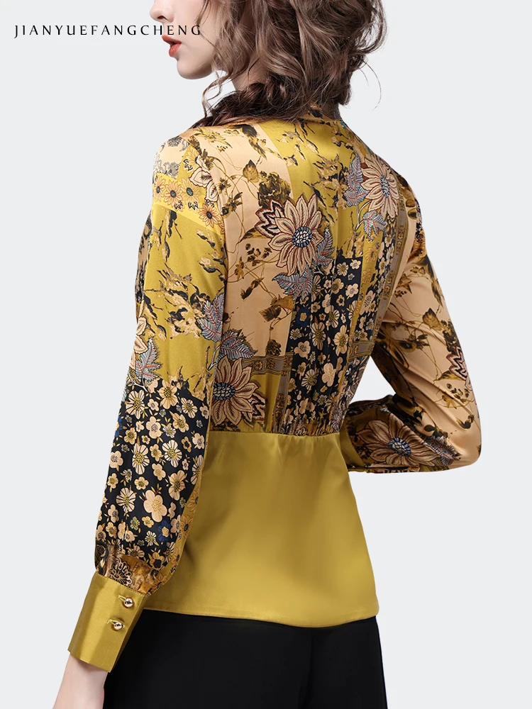 Gorgeous Yellow Satin Printing Blouse Women 2022 Autumn New Long Sleeve V-Neck Single-Button Shirt Elegant Slim Ladies Work Tops