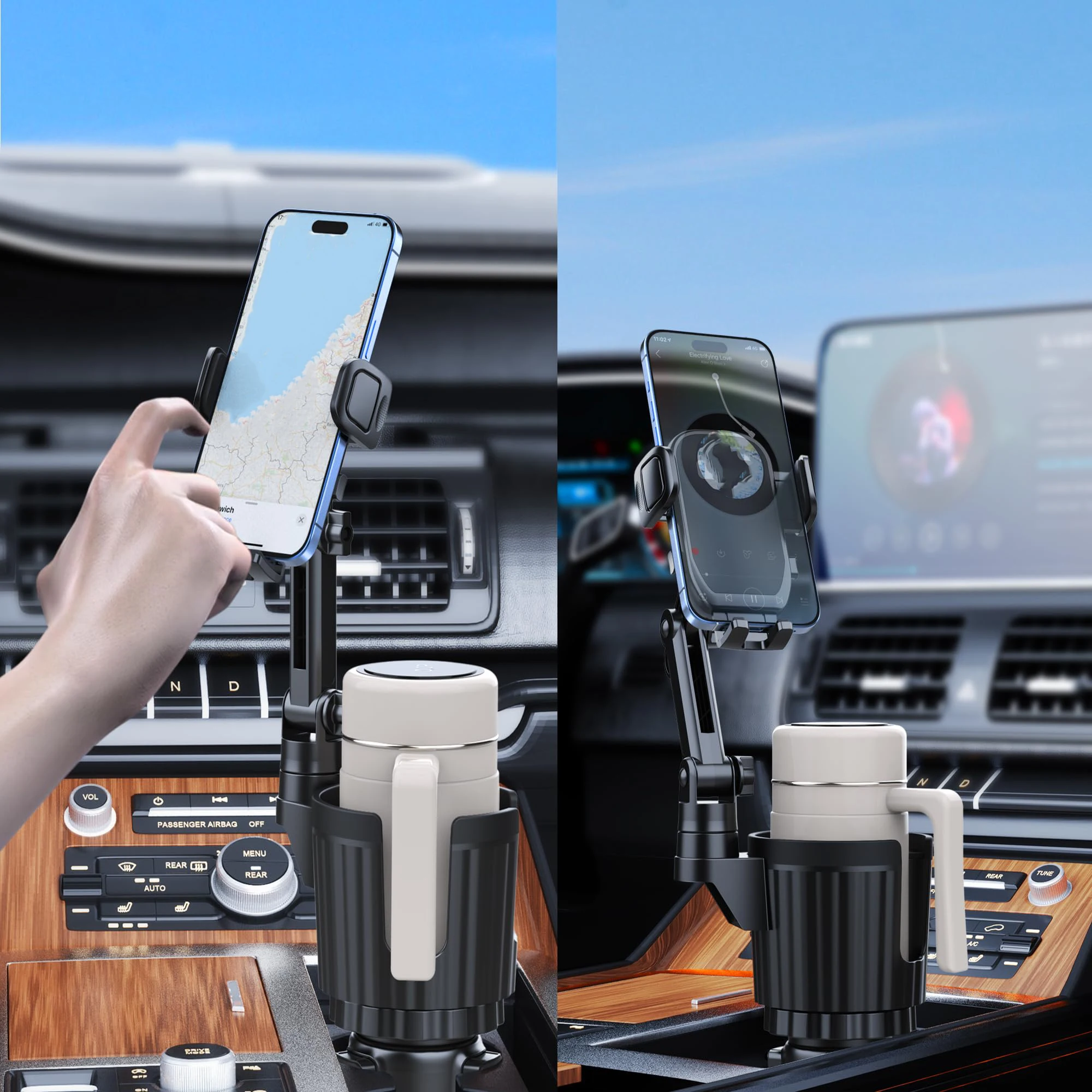 2-in-1 Car Cup Holder Phone Mount , Anti-Slip No Shake 360° Rotation