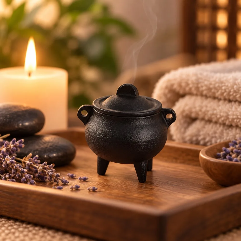 Vintage Black Cast Iron Aroma Burner,Mini Cauldron Incense Holder With Cover,Stylish Home Decoration Accessory For Cozy Room Atmosphere,Perfect For Bedroom Nightstand,Vanity Table,Bookshelf,Living Space,Yoga Area And Relaxing Moments