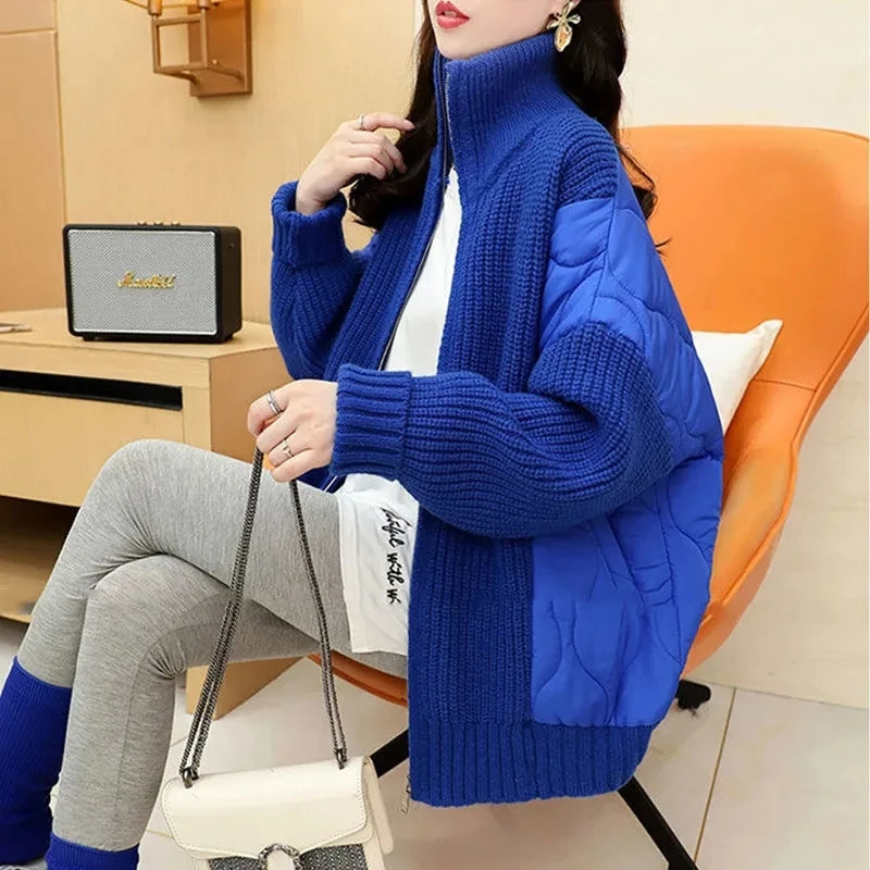 New Large Size Klein Blue Cotton-Padded Coat Patchwork Sweater Women Winter Jacket Thick Warm Loose Knitted Cardigan Parkas Coat