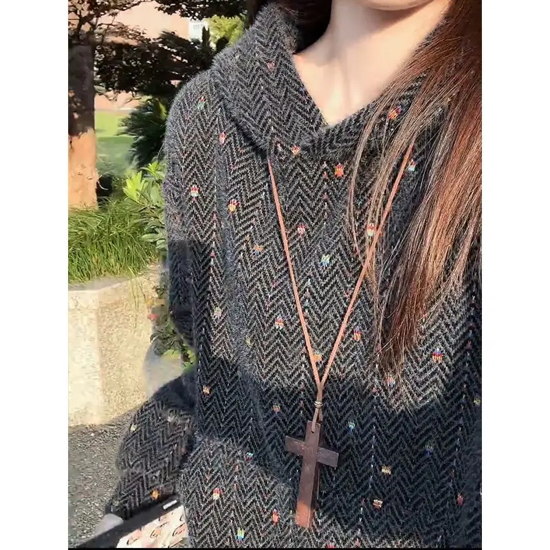 

American Retro Knitted Hoodie Men's Autumn Winter Thick Plush Loose Casual Top Youth Trendy Warm Polyester Fiber Long Sleeve