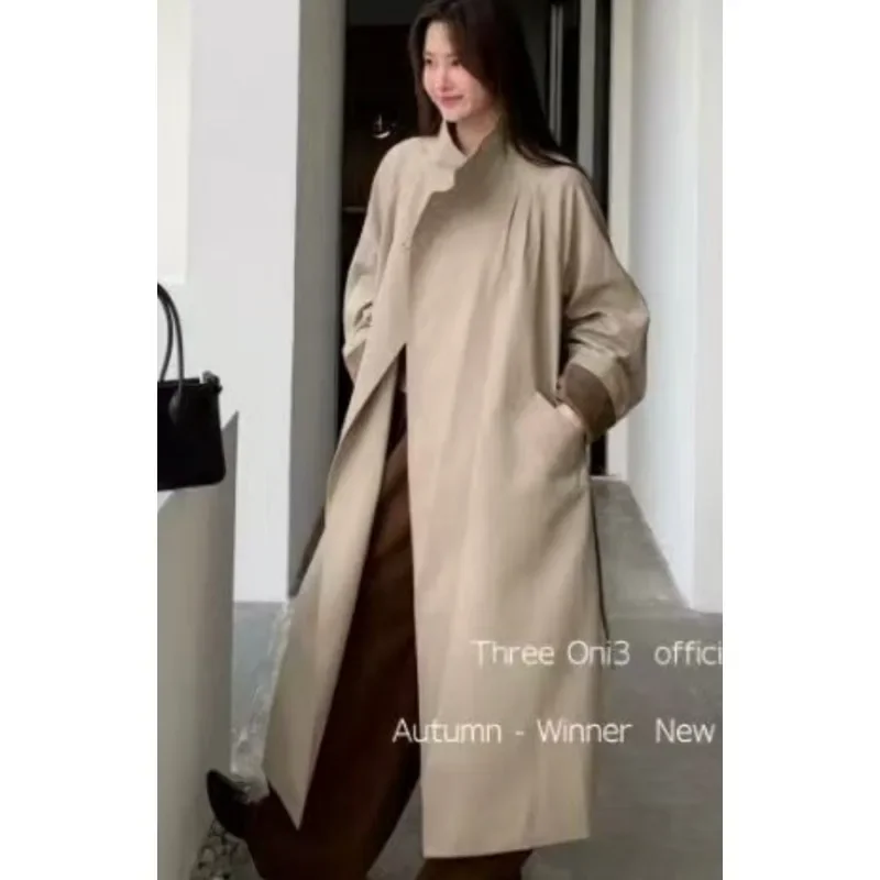 SuperAen 2024 Autumn New Korean Khaki Trench Coat Women's High-end Button-up Collar Long Coat