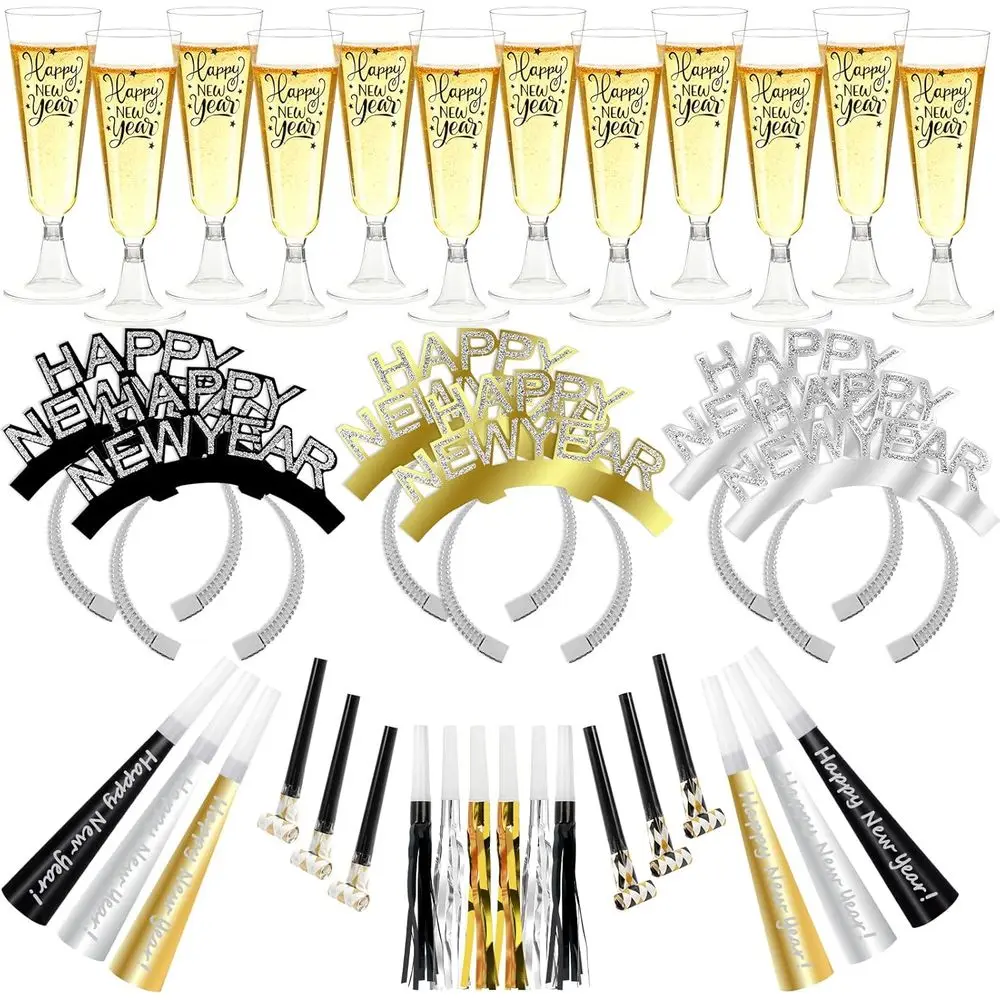 

New Years Eve Party Supplies Decorations, 5 Oz Disposable Champagne Flutes, HAPPY NEW YEAR Bands, NYE Noise Makers, Plastic Cham