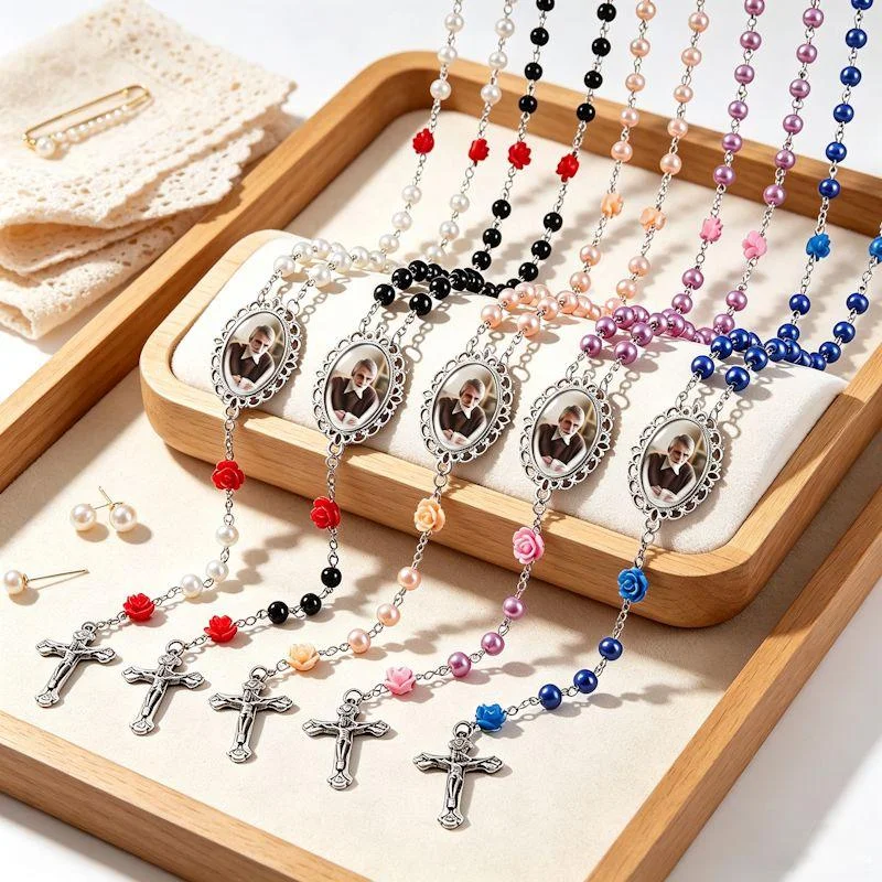 Custom Photo Rosary Necklace Personalised Commemorative Pearl Rose Rosary with Rose Cross Prayer Keepsake Gift