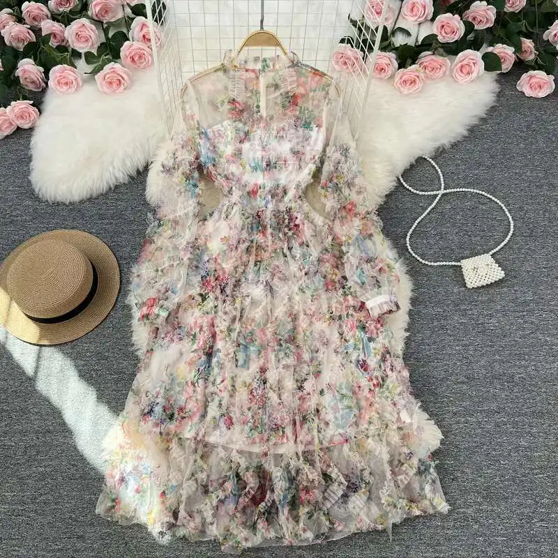 JAMERÁRIO-Vestido de noite manga comprida feminino, babados em camadas, vestido de baile, bolo, elegante, vintage, passarela, verão, outono