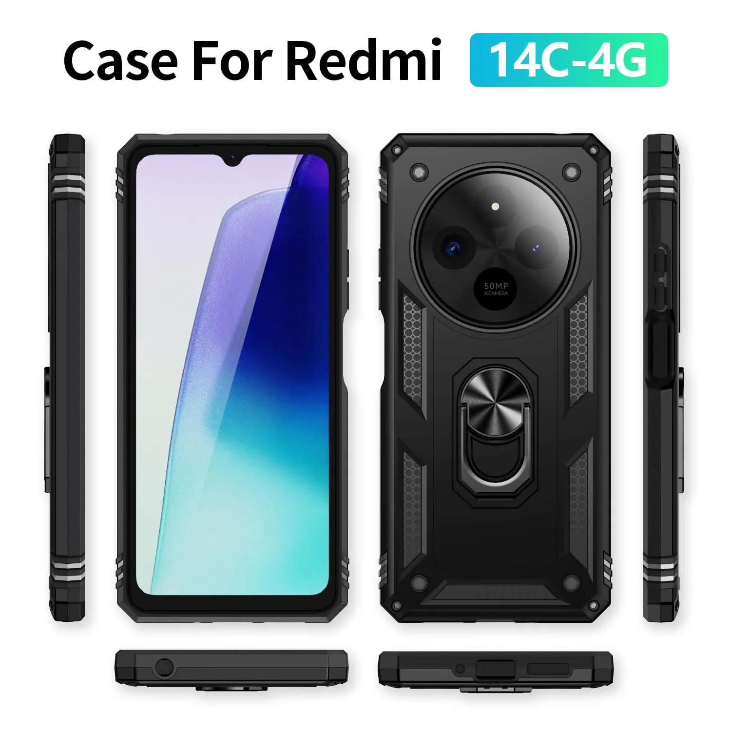 For Redmi 14C 4G Shockproof Folding Armor Case For Redmi A3 Stand Holder Ring Cover image 3