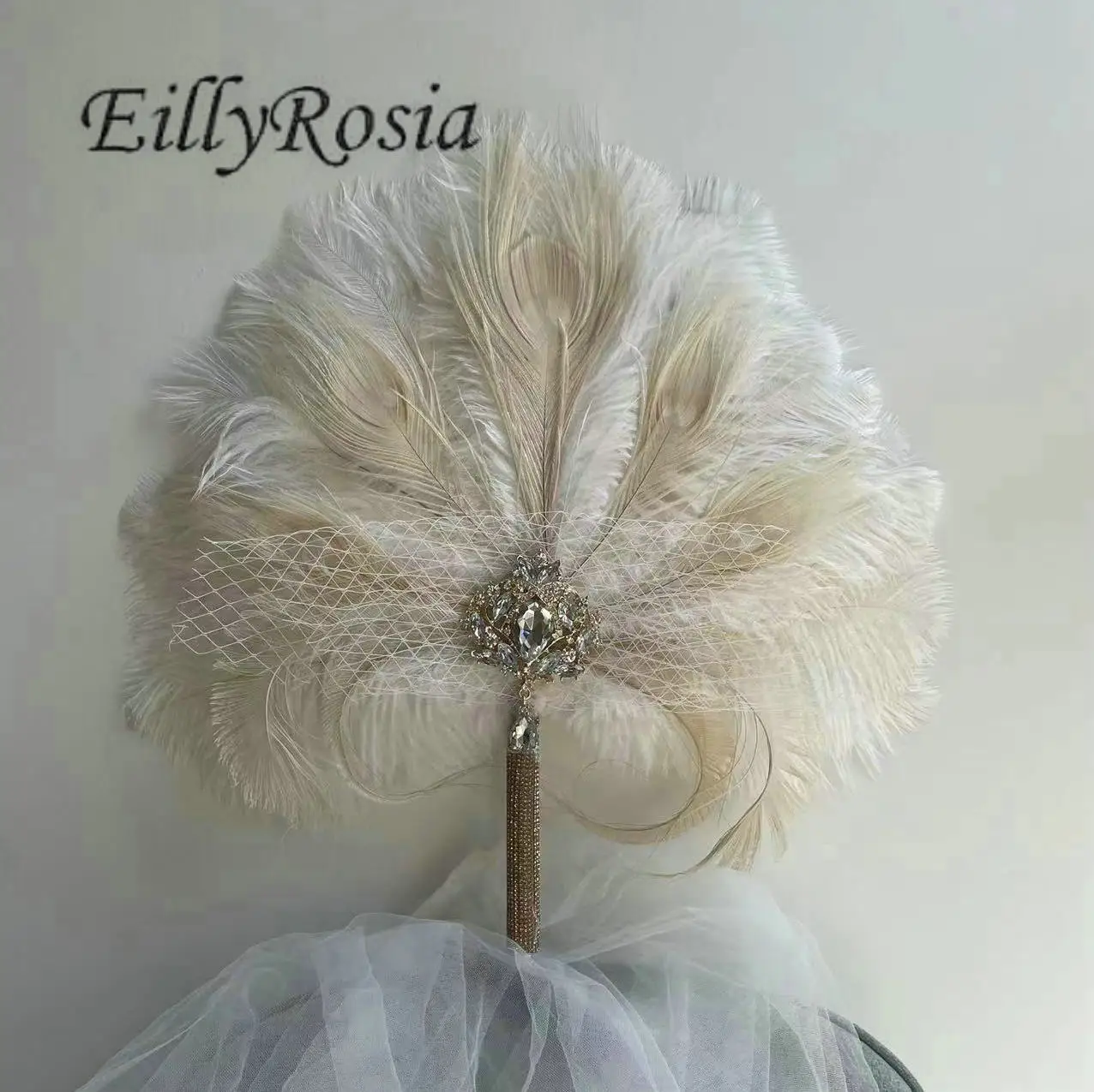 Bridal Fur Feather Hand Fan Wedding Vintage 1920s White and Ivory Ostrich Feather Fan with Brooch Bouquet Photo Props