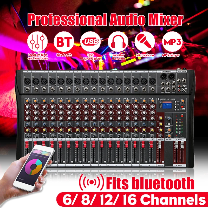 6/8/12 Channels Professional Studio Audio Mixer bluetooth USB DJ Sound Mixing Console 48V Phantom Powers Monitor Amplifier