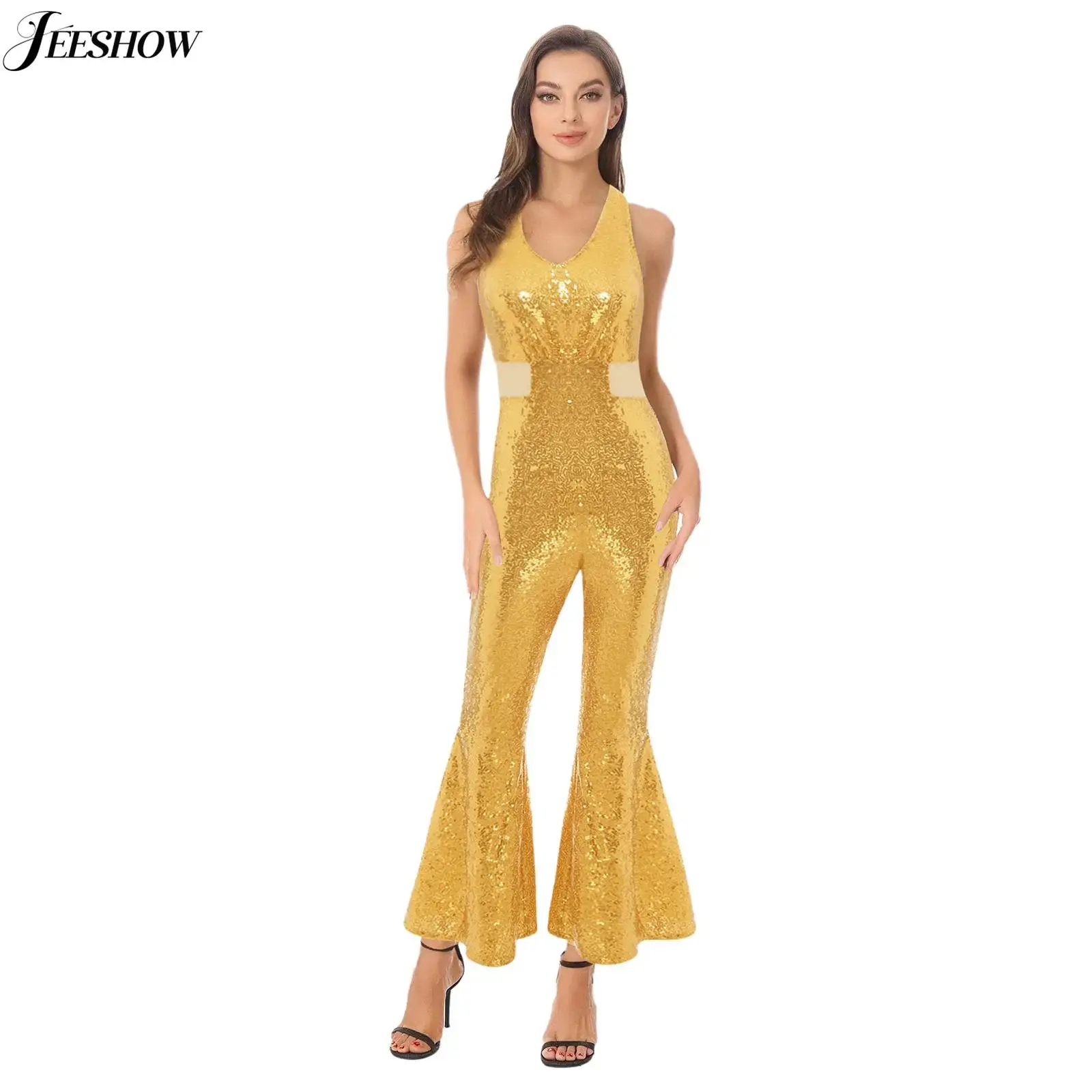 

Womens Shiny Sequin Disco Dance Jumpsuit Halter V Neck Sleeveless Bell Bottom Rompers Jazz Dance Rave Party Outfits One Piece