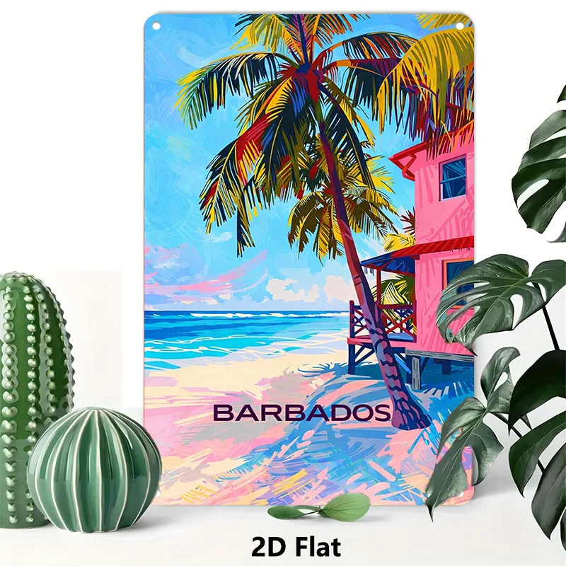 2D Flat - 1pc Barbados Tropical Beach Tinplate Painting | 2D Flat Effect Wall Art For Living Room, Bedroom, Hallway, Kitchen Dec