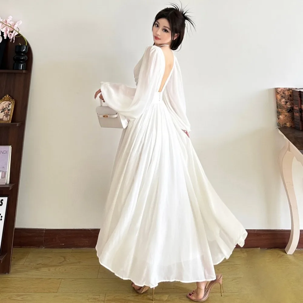 SylCue Sexy Backless Lange Kleider Frau Kreuz V-ausschnitt Durchsichtig Volle Hülse Süße Mädchen Geburtstag Party Geraffte Elegante Vestidos