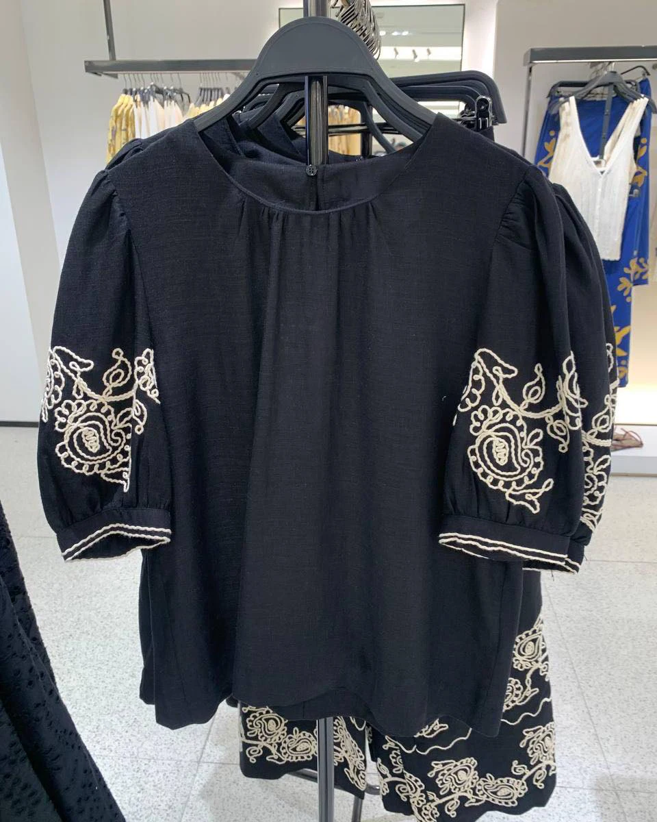 

Black Embroidered Wide Leg Pants Sets Women Crew Neck Short Sleeve Blouse+trouser Summer Casual Fashion Vintage Two-piece Set