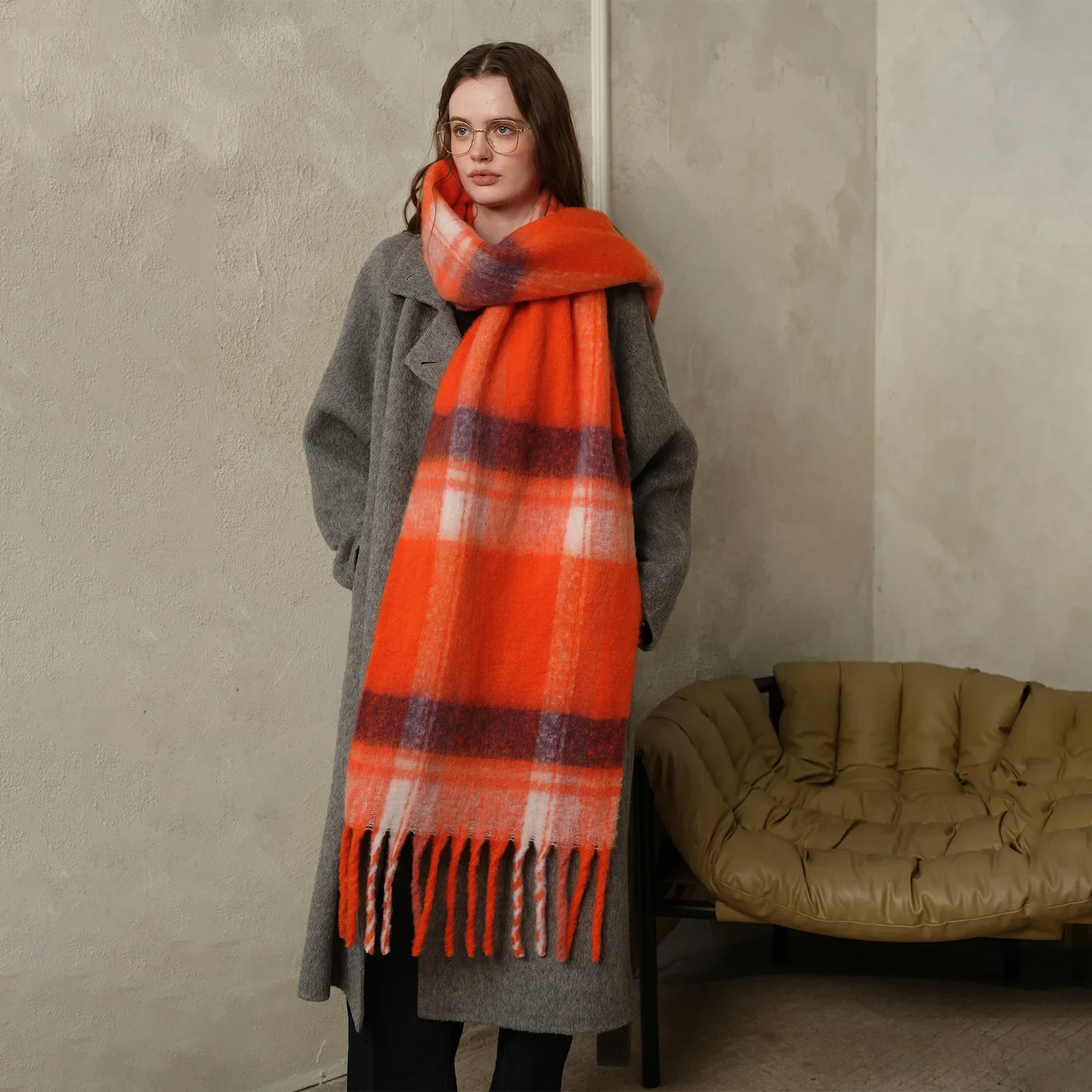 

New Europe America Autumn and Winter Imitation Cashmere Plaid Scarf Women's Soft Enlarged Thick Stripe Scarf Shawl