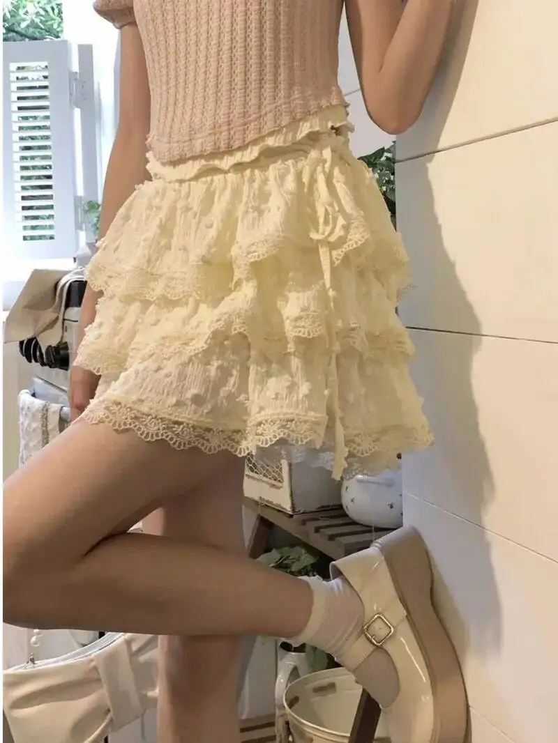Mini Skirts Women Sweet Kawaii Lace Ruffles Patchwork Y2k Beige Japanese Lolita Streetwear All-match Party Students Summer  JXW8