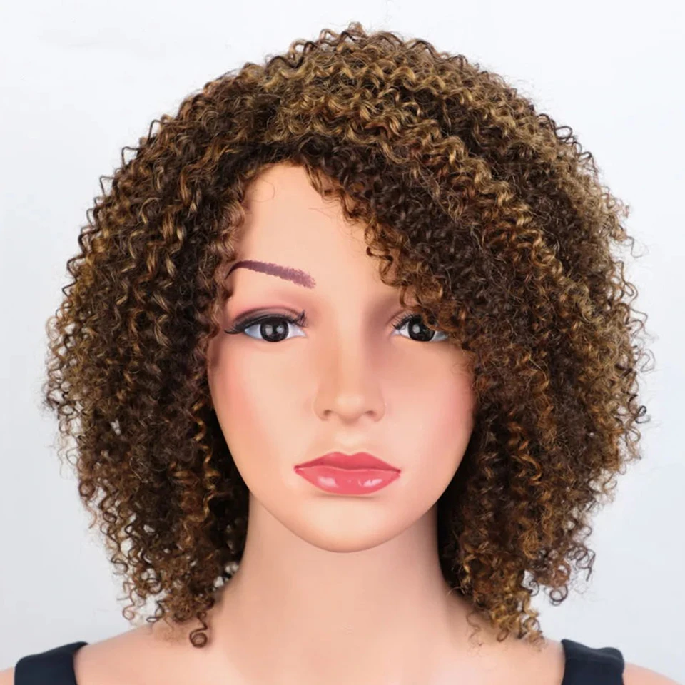 Eleganckie Afro Kinky Curly Human Hair Peruki Ludzkie Włosy Peruka Z Grzywką Ombre Highlight Kolorowe Peruwiańskie Jerry Curly Bob Peruka Dla Kobiet