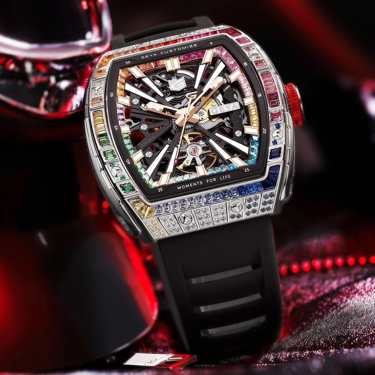 GEYA Automatic Mechanical Men’s Watch, Skeleton Dial with Multi-Color Diamonds Tonneau Stainless Steel Case Analog Watches 78139