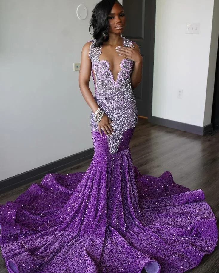 

Purple Sparkly Long Mermaid Prom Birthday Gala Dresses for Black Girl 2024 Luxury Diamond Velvet Sequins Evening Ceremony Gown