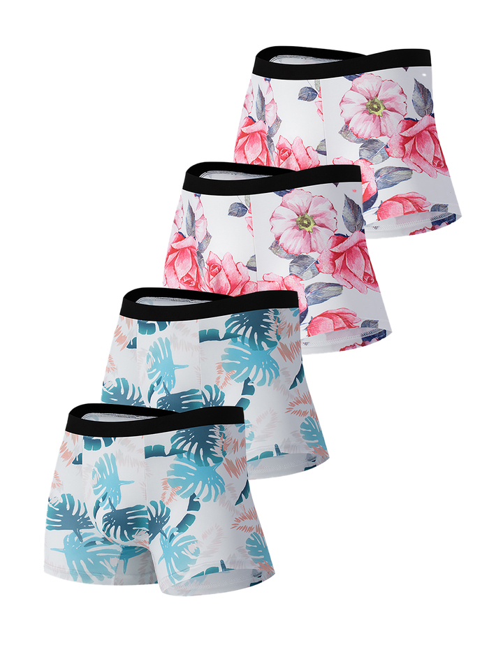 Men's 4-Pack Polyester Boxer Briefs - Floral & Tropical Leaf Prints, Black Waistband Underwear Set 