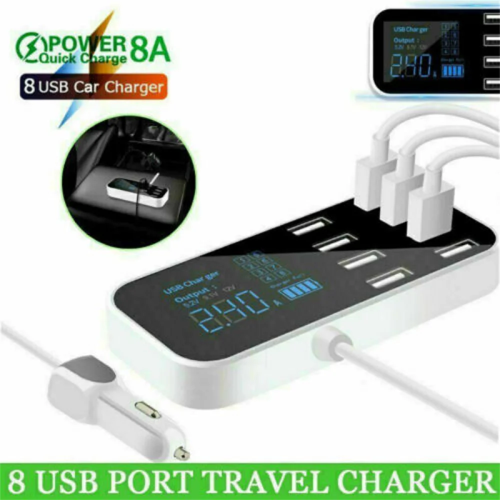 

USB Автомобильное зарядное устройство, прикуриватель, 8 портов, разветвители PD QC3.0, быстрая зарядная станция с дисплеем