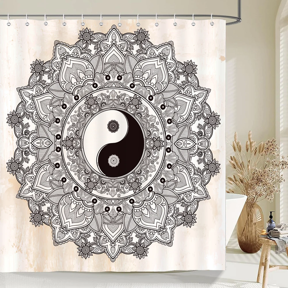 Indian  Bohemian Fabric Shower Curtain Bathroom Curtains Boho Mandala Waterproof Fabric Bath Screen Bathtub Decor with 12 Hooks