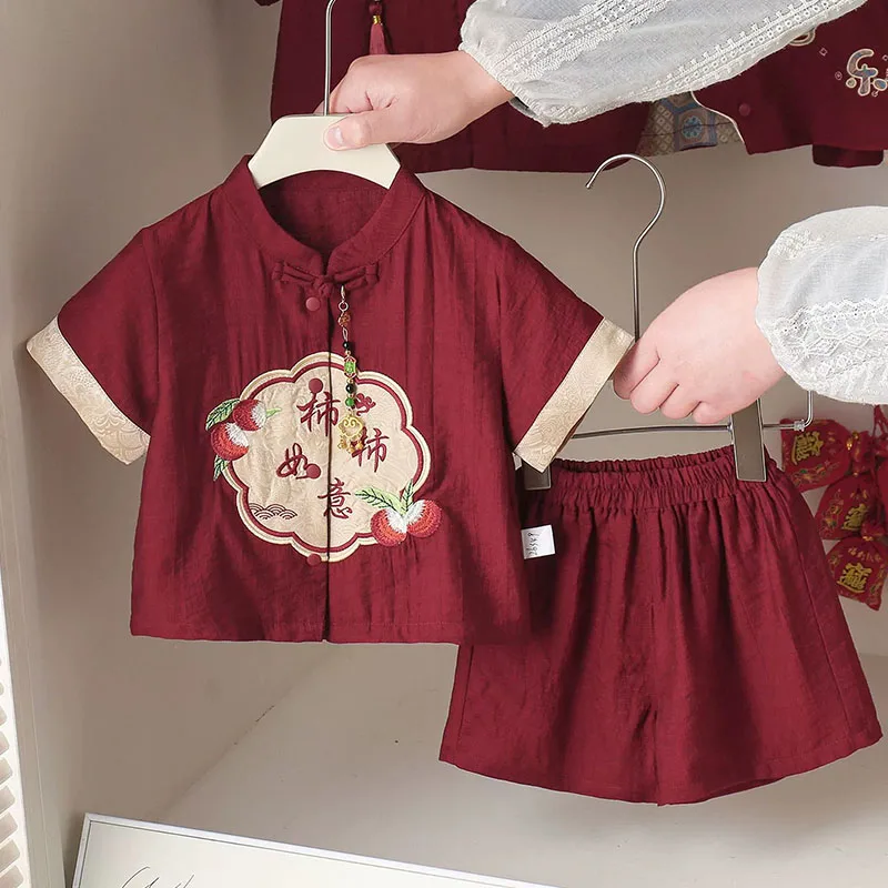 Summer Toddler Boy Outfits Infant Girls Clothes New Year Chinese Style Cute Short Sleeve Tops+Shorts Set Baby Newborn Items B348