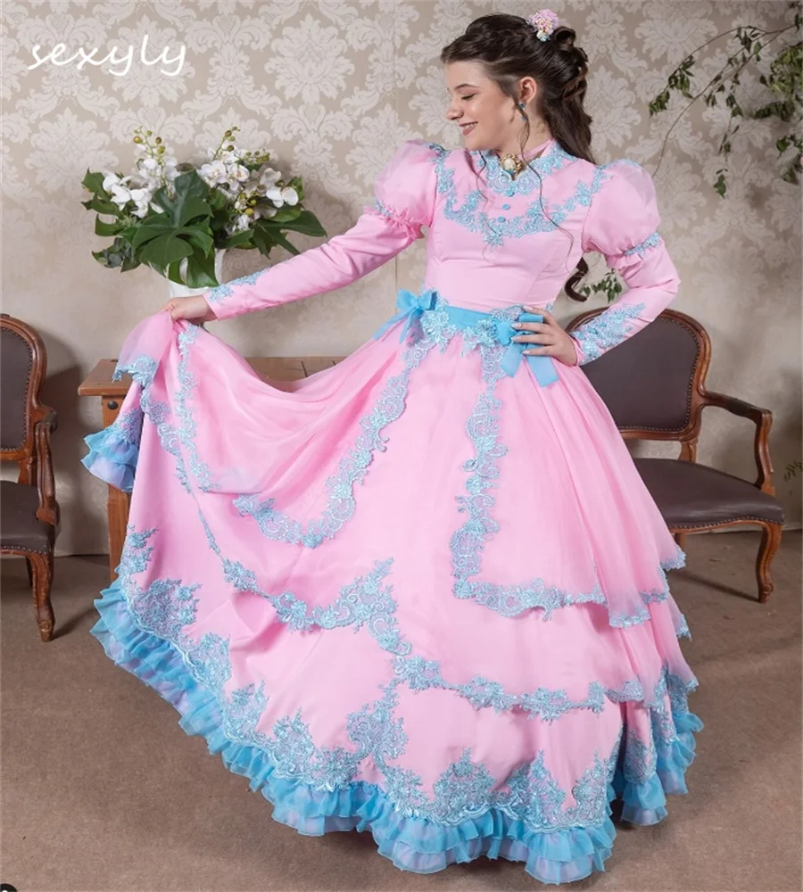 Folklorico-vestido de graduación rosa y azul, traje de noche Victoriano de los años 1860, manga larga, fiesta de guerra Civil, personalizado, 2025