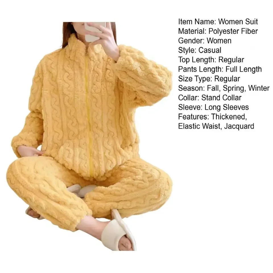 2 Pcs/Set 2025 Ladies Winter Sleepwear Warm Thickened Soft Flannel Pajama Sets O Neck Pajamas Long Pants Casual Loose Homewear