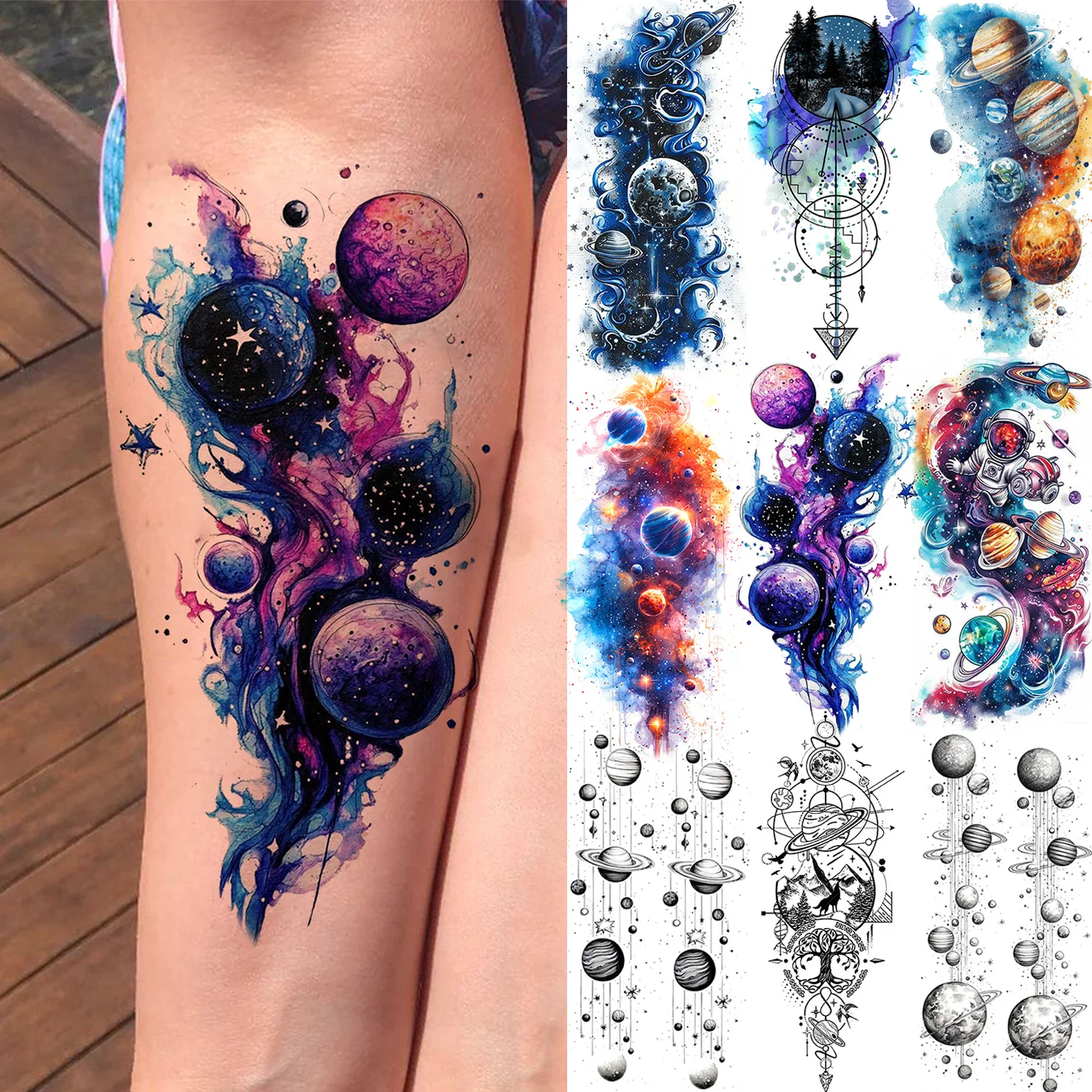 

1 Sheet Watercolor Universe Star Planet Temporary Tattoos For Men Women Waterproof Tatoos Realistic Fake Tattoo Body Art Sticker