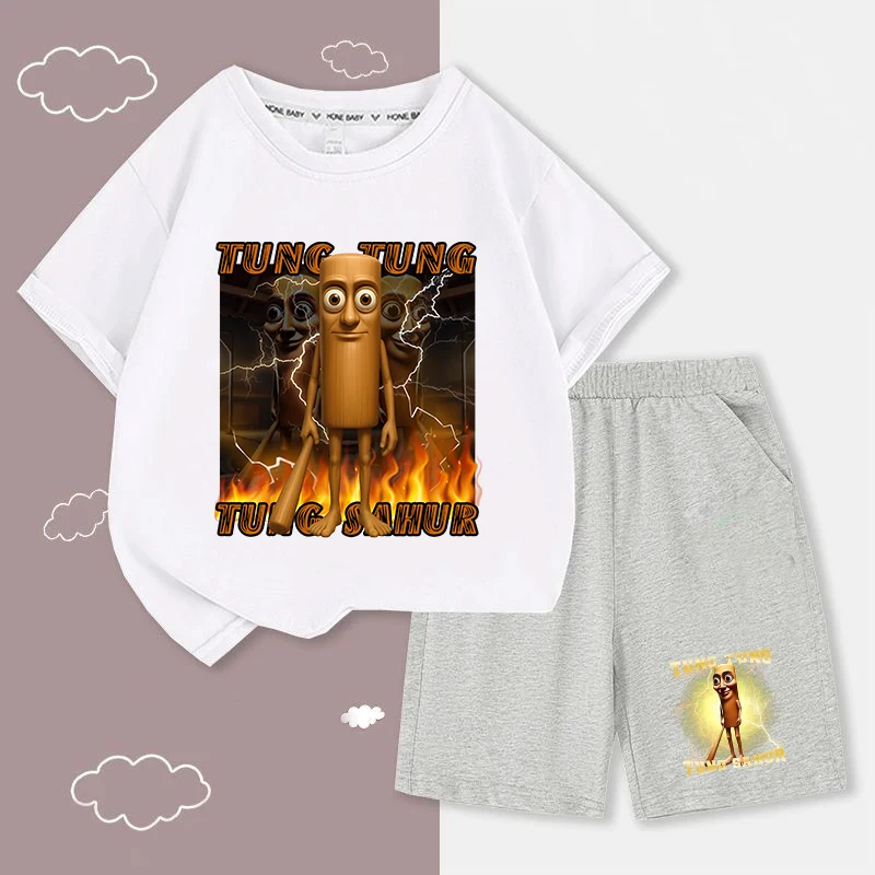 

Tung Tung Tung Sahur Children T-shirt+Shorts Italian Brainrot Cool Cotton Short Sleeve Boy Cartoon Anime Leisure Sports Clothes
